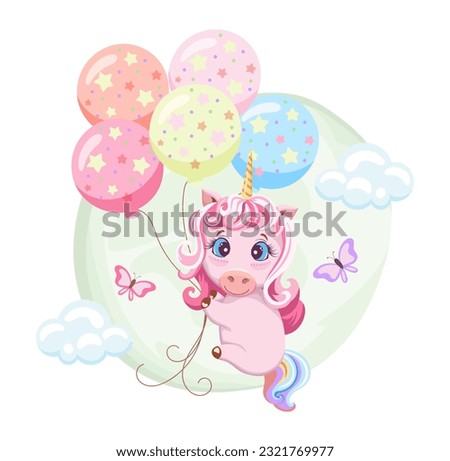 Drawing of a cute pink baby unicorn flying on balloons background of sky, clouds, and butterflies. Drawing in cartoon style. Template design for baby shower, birthday, party, greeting card, invitation