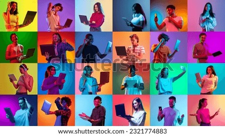 Collage made of portraits of young men and women using different gadgets for work and communication on multicolored background in neon light. Concept of human emotions, youth, lifestyle, business. Ad Royalty-Free Stock Photo #2321774883