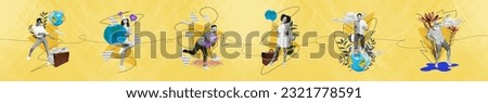 Poster banner multiple image collage of people tourist travel around world having summer holidays sightseeing globe