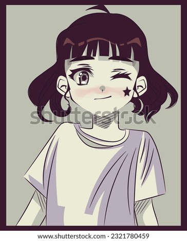 Cute Anime girl with dark hair . Retro style illustration. Anime girl art