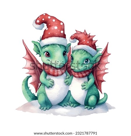 Cartoon pair dragons love watercolor for decoration design. Funny vector illustration. Cartoon style character. Holiday greeting card design. New year 2024
