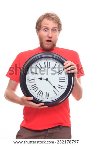 Surprised bearded man holding big clock