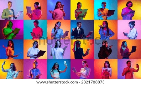Collage made of portraits of diverse young people with gadgets, communicating, studying over multicolor background in neon light. Concept of human emotions, youth, lifestyle, facial expression. Ad Royalty-Free Stock Photo #2321788873