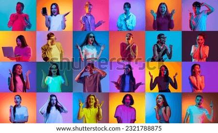 Collage made of portraits of diverse young people with gadgets and astonished faces over multicolor background in neon light. Concept of human emotions, youth, lifestyle, facial expression. Ad