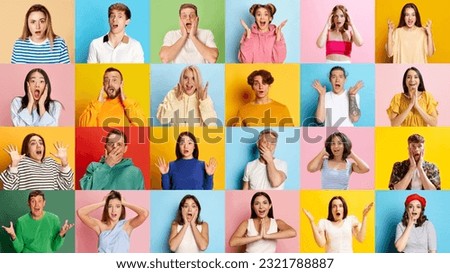 Collage made of portraits of young people, men and women expressing shock and surprise against multicolored background. Concept of human emotions, youth, lifestyle, facial expression. Ad