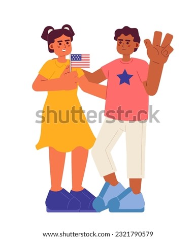 July 4 kids flat vector spot illustration. Latina girl and african american boy celebrating america independence day 2D cartoon characters on white for web UI design. Isolated editable hero image