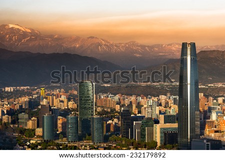 View of Santiago de Chile with Los Andes mountain range in the back Royalty-Free Stock Photo #232179892
