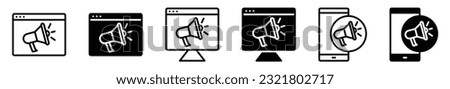 Megaphone with electronic devices icon. Social media marketing advertising icon symbol in line and flat style on white background with editable stroke for apps and websites. Vector illustration