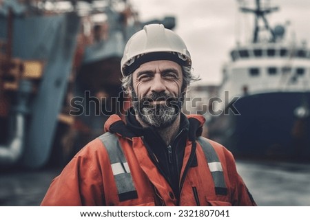 Sailor in port facility near the ship in safety helmet, uniform, boiler suit staying near derrick, crane. . High quality photo Royalty-Free Stock Photo #2321807041