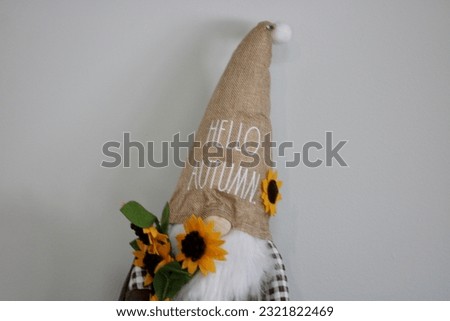 The isolated image of a stuffed gnome sitting on a table. His hat reads "Hello Autumn".