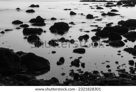 Black and white photo of marine landscape at lava rock rapids with black and white contrast of sea water and rocks, in the morning. Black and white abstract concept.