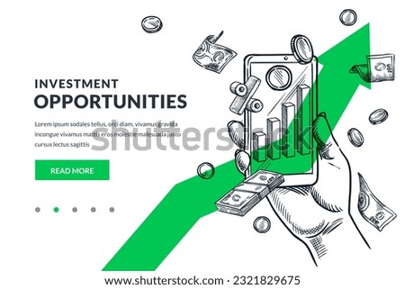 Investment, market trade and finance concept. Money financial online management. Hand drawn vector sketch illustration of mobile phone trading bank application. Poster banner design template Royalty-Free Stock Photo #2321829675