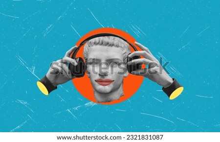 Art collage of digital pop contemporary art. Headphones in hand on a blue background. Listen to the podcast. podcast and music. Asmr sound therapy, webinar, worship.
