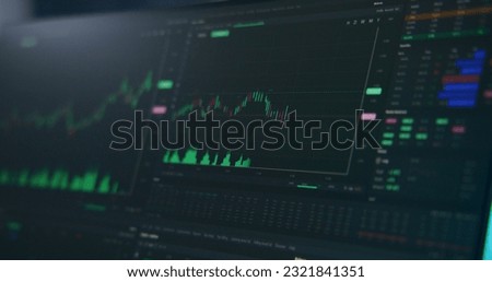Computer monitor with displayed interface of professional trading app. Stock market graph chart with japanese candlestick animation. Economic graphics of stocks on monitor jumps up and down. Close up.