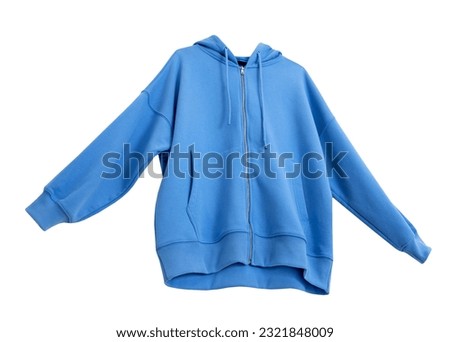 Blue zipper hoodie flying isolated on white. Fashion sport clothes object. Male, female sportswear. Stylish sweatshirt in movement. Royalty-Free Stock Photo #2321848009