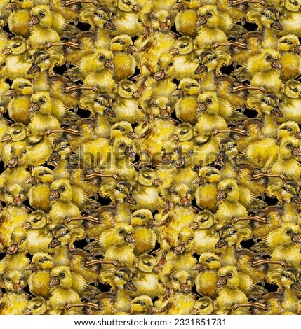 Watercolor drawing with a huge number of yellow ducklings. Cute and funny duck bird picture.
