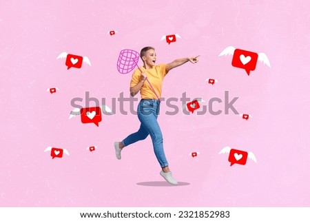 Creative drawing collage picture of running female finger point like hearts icon wings flying catch popularity social media conversion