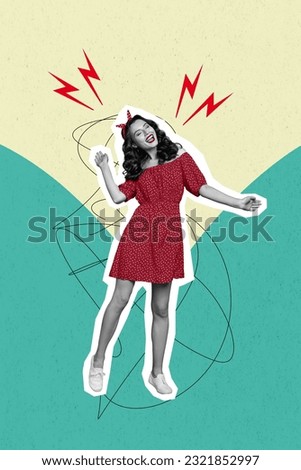 Vertical collage picture of black white colors overjoyed girl enjoy dancing free time isolated on drawing creative background