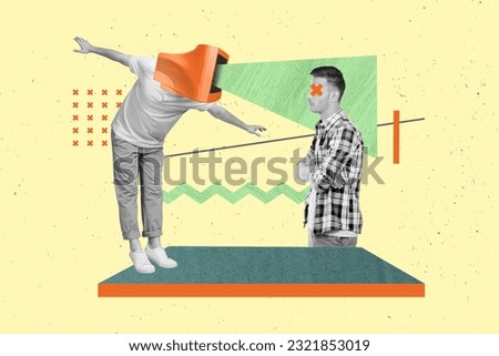 Creative banner poster collage design of folded hands confident stressed man watching computer propaganda isolated on green background Royalty-Free Stock Photo #2321853019