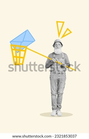 Picture minimalistic poster collage image of positive funky guy hold fishnet catch paper letter isolated on white color painted background
