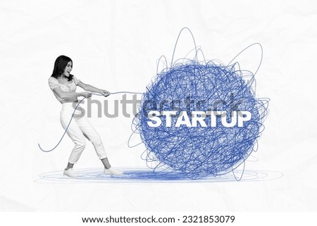 Collage portrait of black white effect hardworking girl arms pull rope painted big startup ball isolated on creative paper background