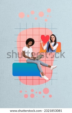 Artwork collage picture of happy ladies getting instagram twitter facebook love messages isolated drawing background