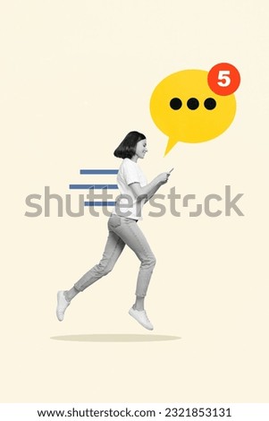 Picture artwork collage of funky excited girl walking typing sms chatting modern gadget browsing blog isolated on white painted background