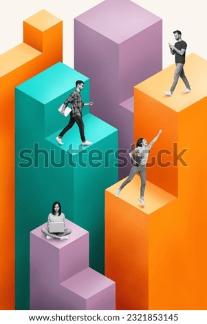 Vertical collage of mini black white effect people use netbook smart phone jump walk platform isolated on creative background