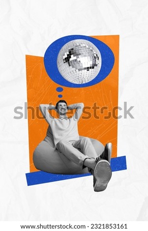 Collage poster picture image of positive cheerful guy sitting pouf bean bag relax dream summer vacation chill nighclub listen music 90s