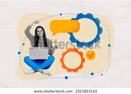 Creative collage of happy black white colors girl use netbook point fingers empty space dialogue bubble cogwheel gear checkmark