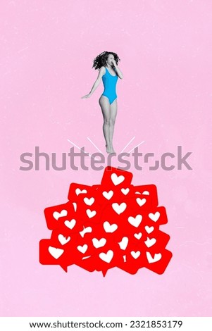 3d retro abstract creative artwork template collage of young female jumping swim pile stack heart icons social media successful influencer