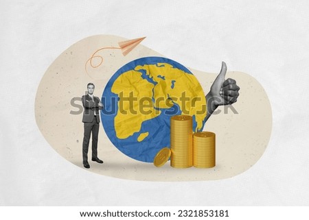 3d abstract creative artwork template collage of confident businessman planet earth international business thumb up planet earth money Royalty-Free Stock Photo #2321853181