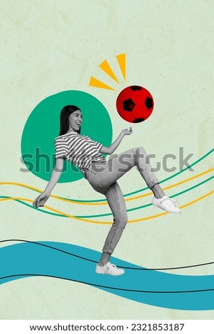 Vertical collage image of positive sportive black white effect girl leg knee kick football isolated on painted background Royalty-Free Stock Photo #2321853187