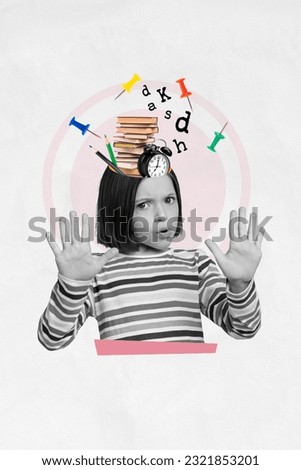 Creative poster collage of stressed young female little schoolgirl reject too much homework lazy tired exhausted school stop gesture