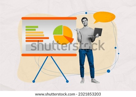 Collage picture of positive black white colors guy hold netbook dialogue bubble point finger presentation board diagram stats