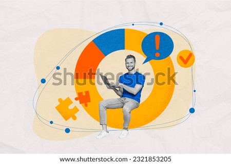 Poster picture image collage artwork of happy excited guy working wireless netbook solving task isolated on drawing background