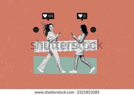 Creative composite illustration collage photo of two young beautiful girls compete who is more popular isolated drawing background