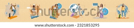 Image panorama poster banner collage of girls men enjoying travel around world navigate on virtual app gadget reserving resorts