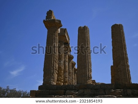 Scenic view of the Archaic Doric order Temple of Hera Lacinia an ancient Greek Temple at the archaeological site Valley of the Temples in Agrigento Sicily, Italy. 