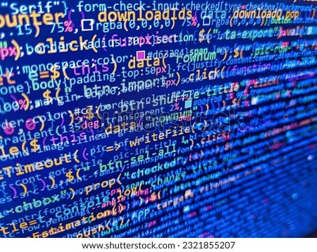 Simple website HTML code with colourful tags in browser view on dark background. Future technology creation process. Selective focus. Javascript code. HTML markup language closeup