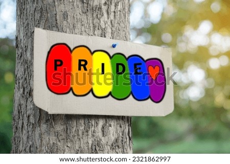 Paper card with word PRIDE on rainbow color, sticked on trunk of tree in the park. Concept. Pride month for LGBTQ community celebration in June. Support LGBTQA+ everywhere.                         