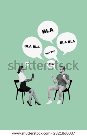 Photo sketch collage of annoying colleague disturbing working lady isolated green color background