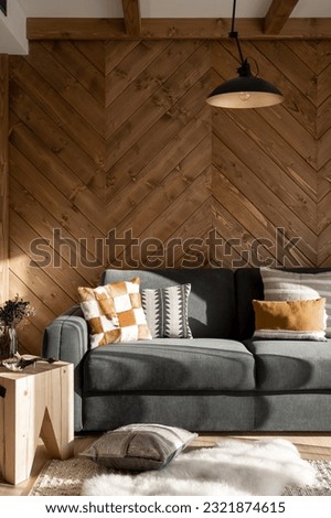 interior home wooden elegant living room dark cosy Royalty-Free Stock Photo #2321874615