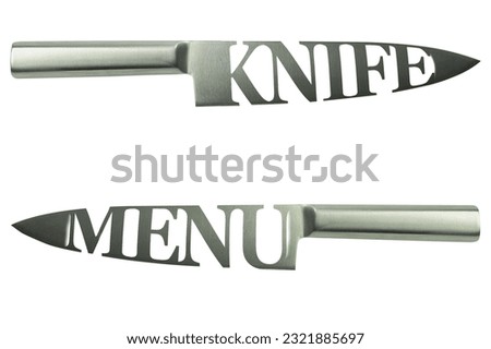 A kitchen knife on a white background with the inscription menu. Photo for menu design, flyers or posters
