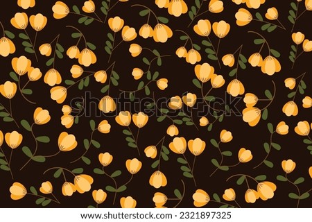 yellow flower background with stalks and leaves on dark background