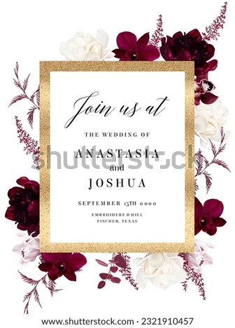Viva magenta dark exotic orchid, burgundy red astilbe, magnolia on white vector design frame.Golden frame with shining shimmer. Geometric card. Autumn chic wedding invitation. Isolated and editable. Royalty-Free Stock Photo #2321910457