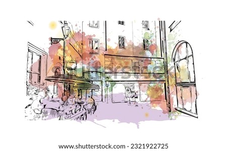 Building view with landmark of Regensburg is the city in Germany. Watercolor splash with hand drawn sketch illustration in vector. 
