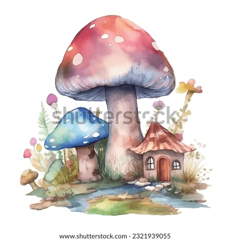 
cute mushroom house Colorful clip art watercolor
