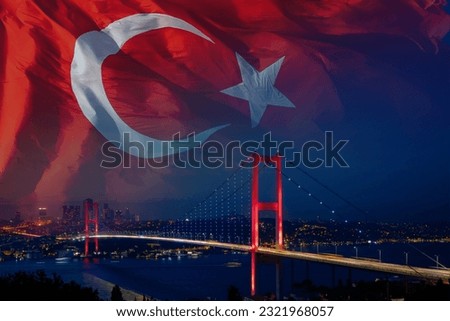 15 Temmuz or July 15 democracy day of Turkiye concept photo. Bosphorus Bridge and waving Turkish Flag