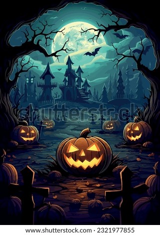 Halloween night, pumpkins, dark atmosphere, vector illustration Royalty-Free Stock Photo #2321977855